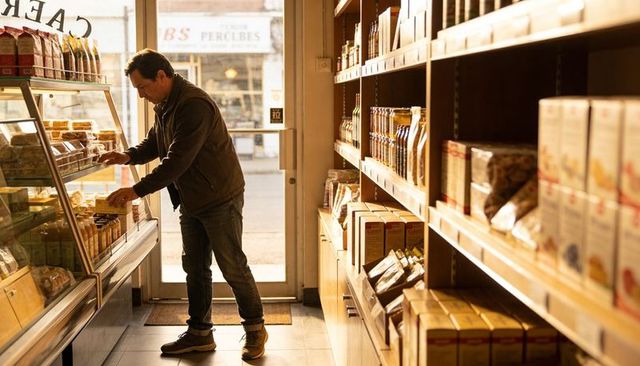 Middle-aged man browsing refrigerated display at corner deli in warm sunlight