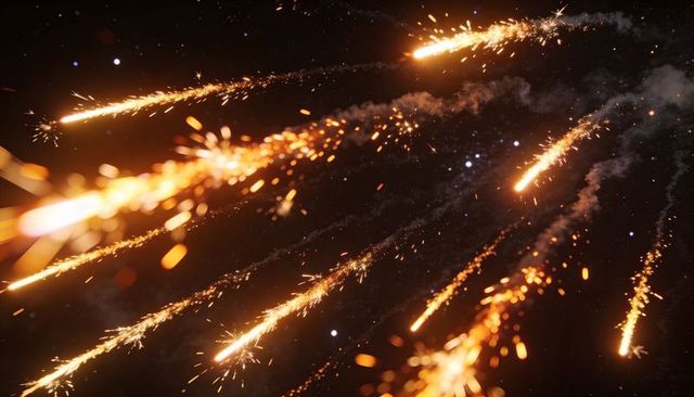 Golden meteor shower streaking across night sky with trailing sparks and smoke plumes