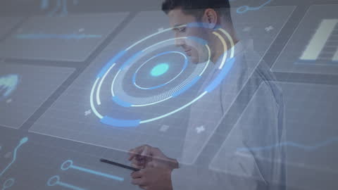 Doctor Interfaces with Futuristic Digital Dashboard