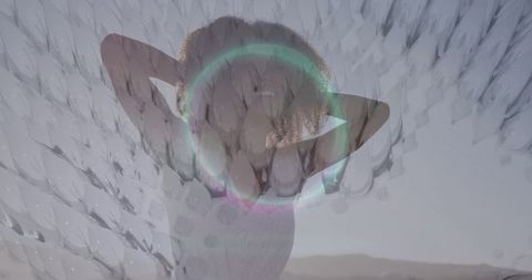 Abstract minimalism: woman with light flare and bird installations