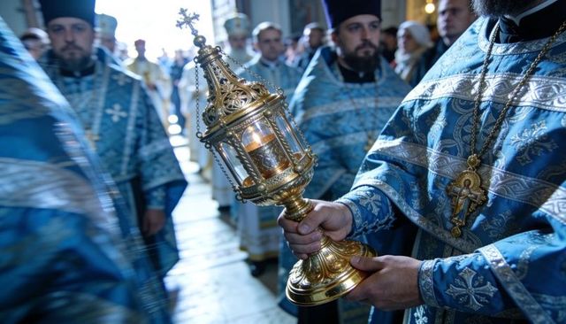 Orthodox priest holding gilded reliquary during procession wearing blue brocade vestments