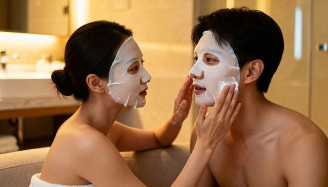 Couple sharing evening skincare routine with sheet masks in warm bathroom light
