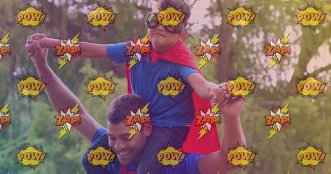 Father and Son Enjoying Superhero Adventure Outdoors