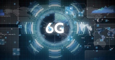6g holographic network interface displaying global digital map with futuristic hud rings