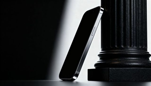 Modern smartphone leaning on fluted column pedestal, minimalist high-contrast silhouette
