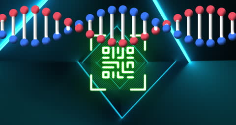 DNA Strand Rotating Above Futuristic QR Code and Neon Lights