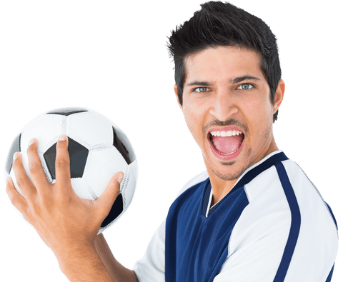 Enthusiastic Male Soccer Player Holding Ball with Transparent Background
