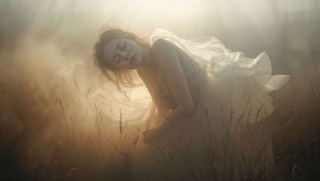 Crouching woman closing eyes, tilting head in backlit tulle dress, golden meadow glow