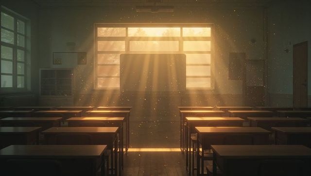 Sunlit classroom interior with dust particles floating
