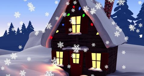 Holiday Cabin With Snowy Scenery and Floating Snowflakes