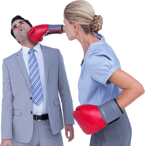 Empowered Businesswoman Punching Colleague with Red Boxing Gloves on Transparent Background