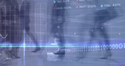 Futuristic Financial Data with Business Professionals Moving