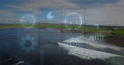 Aerial Seascape Blending Landscape with Futuristic Interface