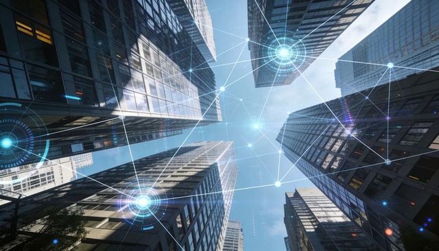 Skyscrapers connecting with glowing digital network overlays, upward city highrise view