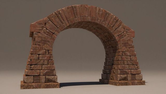Weathered semicircular stone arch standing on plinths with mortar joints and cast shadow