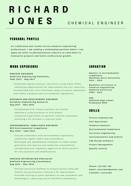 Sleek and professional chemical engineer resume template featuring clear sections for personal profile, work experience, education, and skills. Ideal for professionals in the chemical engineering field seeking to highlight their qualifications and achievements. The green background adds a touch of modernity and freshness, making it suitable for job applications, career portfolios, and employment websites.