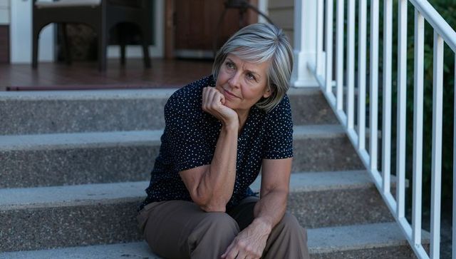 Pensive senior woman sitting on front steps gazing into distance contemplating life