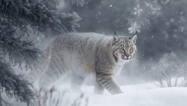 Lynx patrolling snowy boreal forest amid falling snow and mist