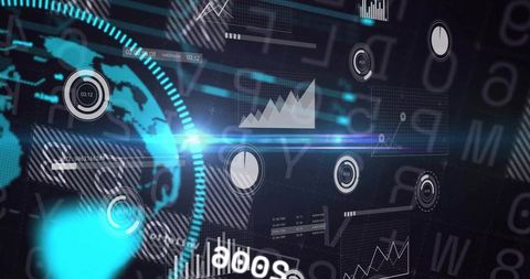 Futuristic analytics dashboard featuring rotating globe, holographic charts, neon hud