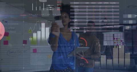 Digital finance analyzing with diverse team in modern office