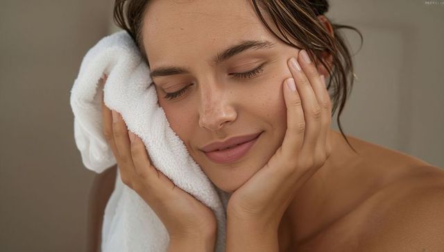 Serene woman pressing soft white towel to cheek after facial, dewy skin and spa relaxation