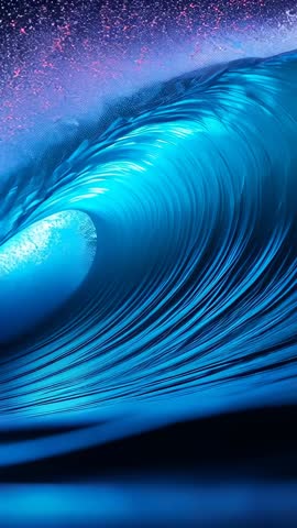 Vertical video: Ocean swell curling into bioluminescent barrel with pink spray