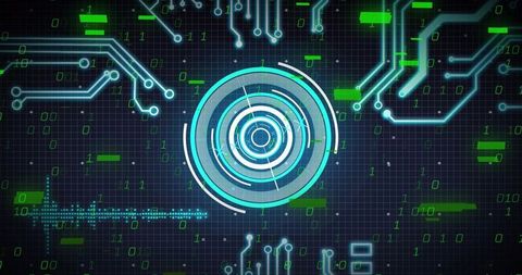 Concentric HUD pulsing on neon circuit grid with binary dataflow digital panel interface
