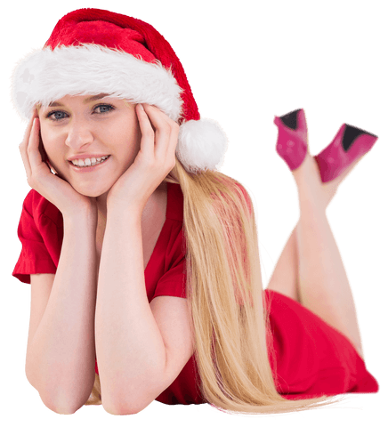 Smiling Blonde Woman in Santa Hat and Red Dress on Transparent Background