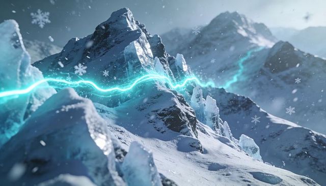 Jagged alpine peak dominating scene with turquoise energy ribbon streaming across glaciers