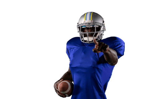 African american rugby player in blue uniform on transparent background