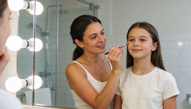 Mother applying makeup to daughter at home vanity with lighted mirror - tender bonding
