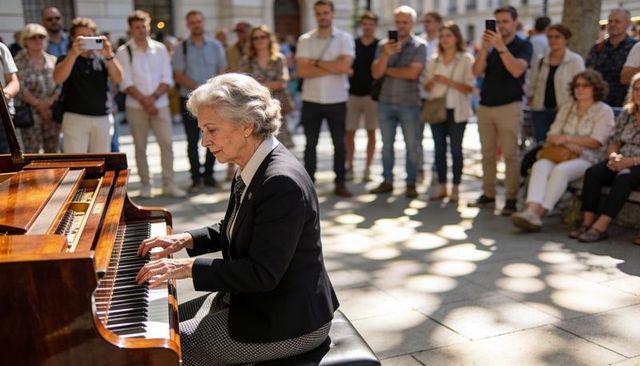 Senior pianist playing grand piano in sunlit city square with crowd recording on phones