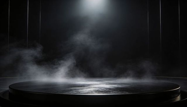 Cinematic Dark Stage Platform with Spotlight, Reflective Wet Floor and Atmospheric Fog