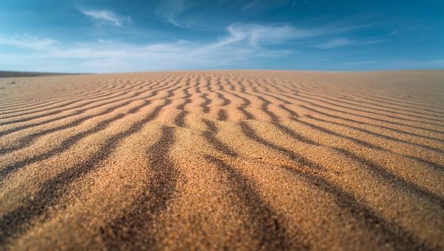 Rippling desert sand patterns stretching to distant horizon under blue sky