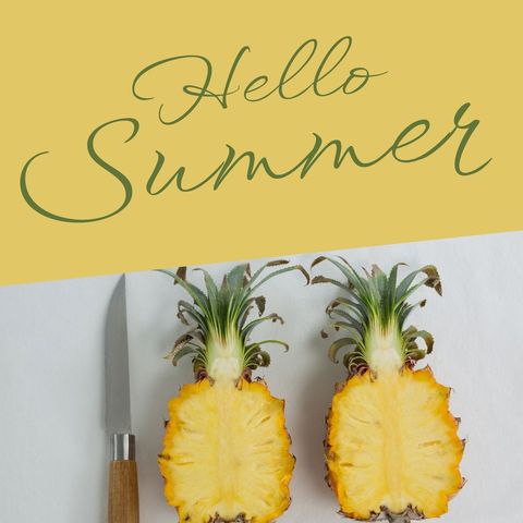 hello summer concept with fresh pineapple and knife layout - Download Free Stock Templates Pikwizard.com