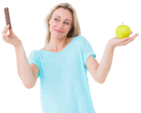 Choosing between chocolate and apple dual health tension invisible background
