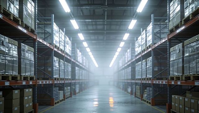 Symmetrical warehouse aisle leading to vanishing point with pallet racks and led lighting