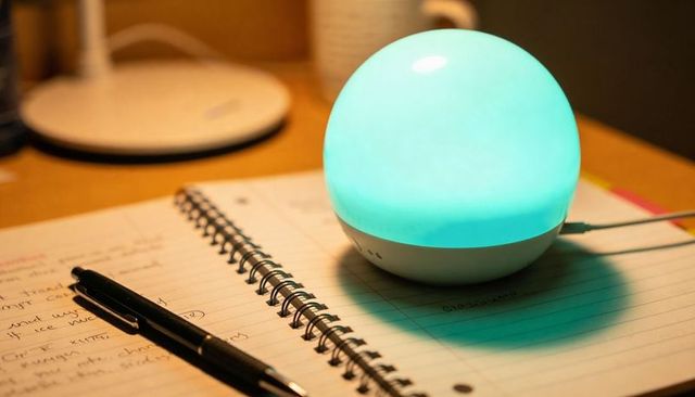 Turquoise orb lamp casting calm teal light over spiral notebook and pen for night study