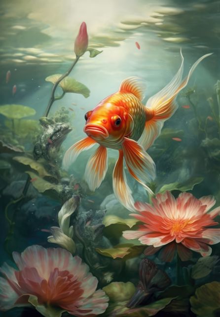 Graceful goldfish gliding in a serene underwater garden surrounded by floral plants and lush foliage. Ideal for use in articles related to aquatic life, peaceful and tranquil scenes, nature and environment blogs, and ornamental fish enthusiasts. Perfect for decorative wall art, educational materials, or presentations about underwater ecosystems.