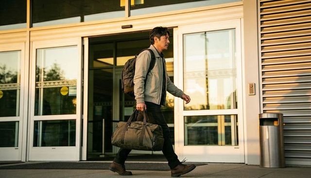 Asian traveler walking with duffel and backpack past modern glass entrance at golden hour