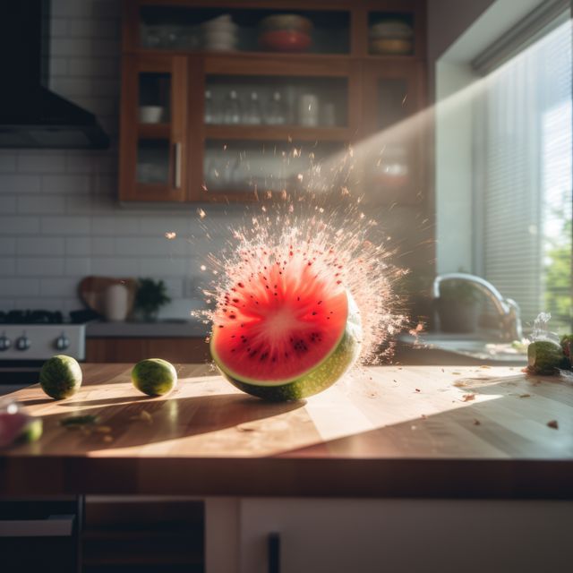 Watermelon splitting open in a modern kitchen bathed in sunlight. Perfect for summer recipes, culinary blogs, fresh fruit promotions, healthy eating campaigns, and kitchen appliance ads. Strong sense of freshness and vivid colors makes it versatile for various advertisements.