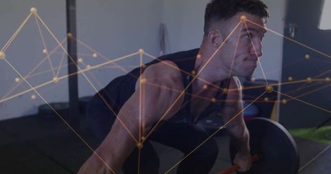 Athletic Man Performing Deadlift with Digital Network Overlay
