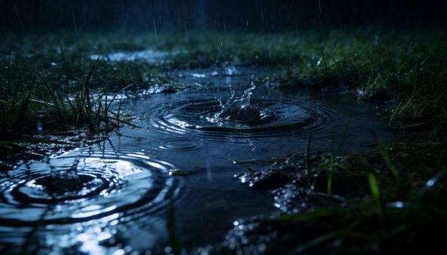 Moonlit rain creating ripples and splash crowns on shallow puddles with blue reflections