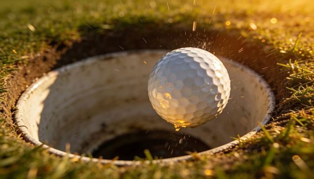 Golf ball dropping into cup with grass and dirt splashing during golden hour close-up