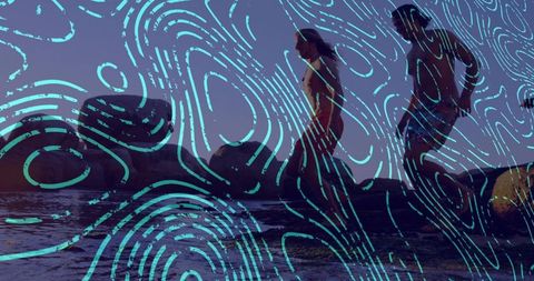 Walking and wading trio on rocky shore at dusk with teal topographic overlay