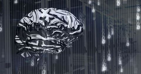Cybernetic Brain with Binary Code in Server Room Setting