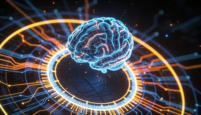 Neon wireframe brain rotating above holographic circuit ring AI neural network visualization