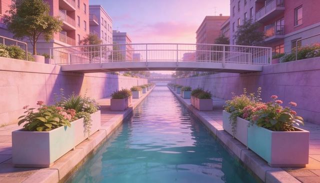 Sunset turquoise canal with footbridge and floral planters lining urban promenade at twilight
