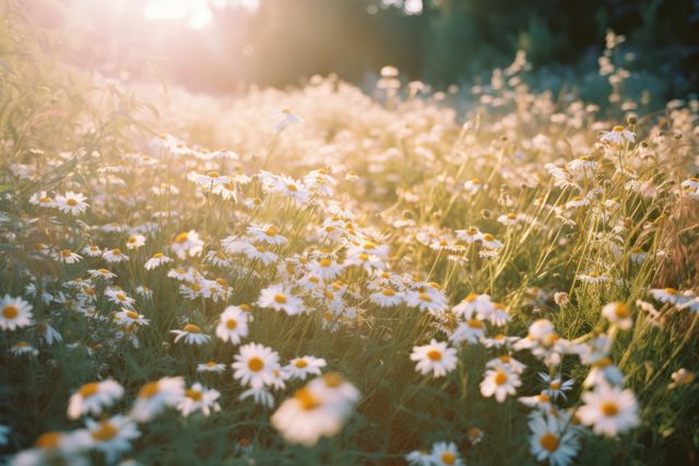 Close up of meadow with multiple white daisies and sunlight created using generative ai technology. Flowers, nature and harmony concept digitally generated image.