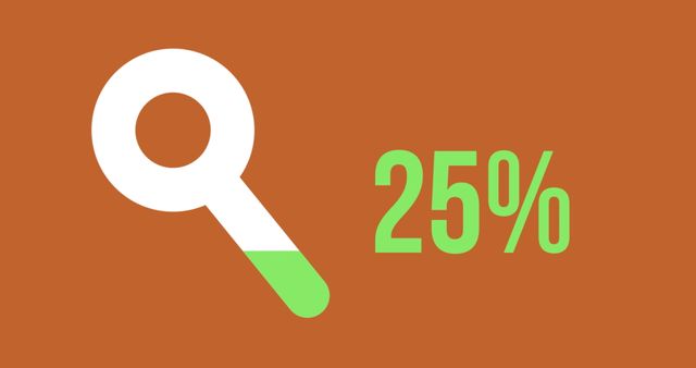 Magnifying glass symbol with 25 percent filling up in green color along with numeral percentage on brown background. Useful for depicting increments in data, progress in tasks, growth and development, or informational graphics related to statistics and analysis. Ideal for presentations, educational purposes, or in design projects to visualize progression or measurement of performance.